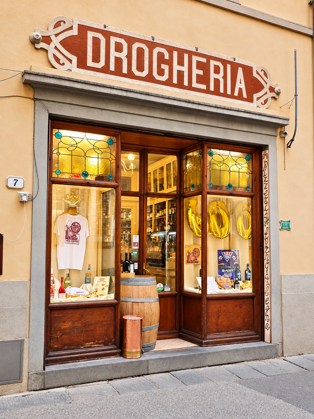 La vetrina dell'Antica Drogheria in Via Elisa, a Lucca