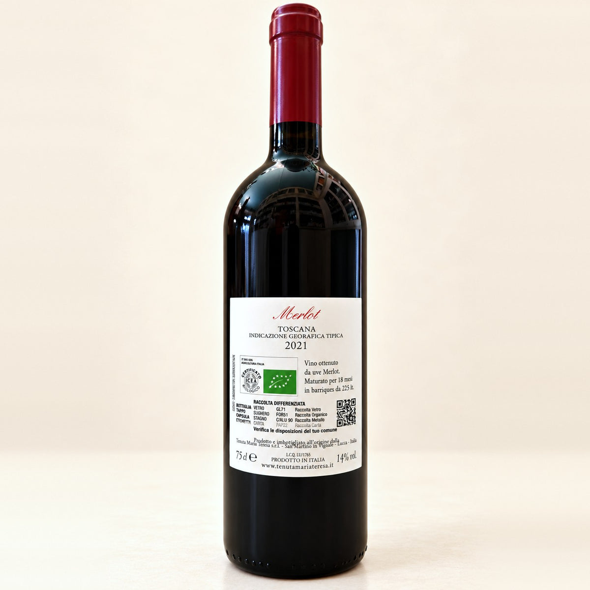 Merlot 2021 di Tenuta Maria Teresa: bottiglia, retroetichetta