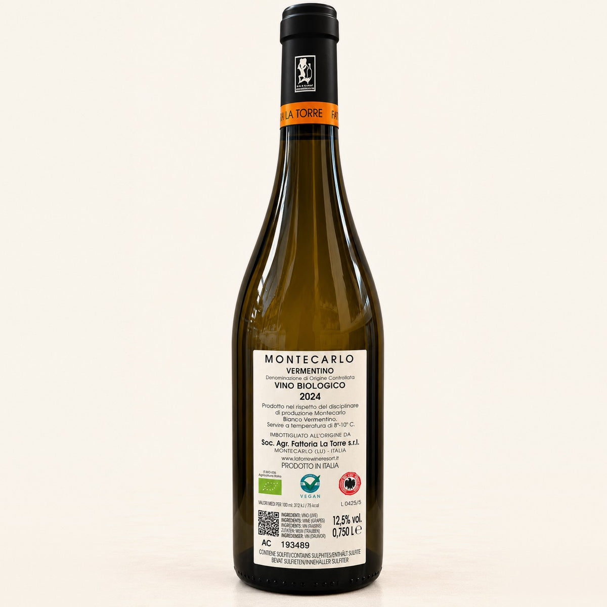 Montecarlo Vermentino 2024 di Fattoria La Torre: bottiglia, retroetichetta